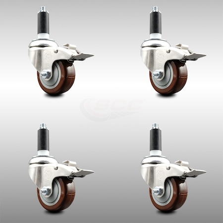 Service Caster 3.5 Inch 316SS Maroon Poly Swivel 1-1/8 Inch Stem Caster Set Lock Brake SCC SCC-SS316TTLEX20S3514-PPUB-MRN-118-4